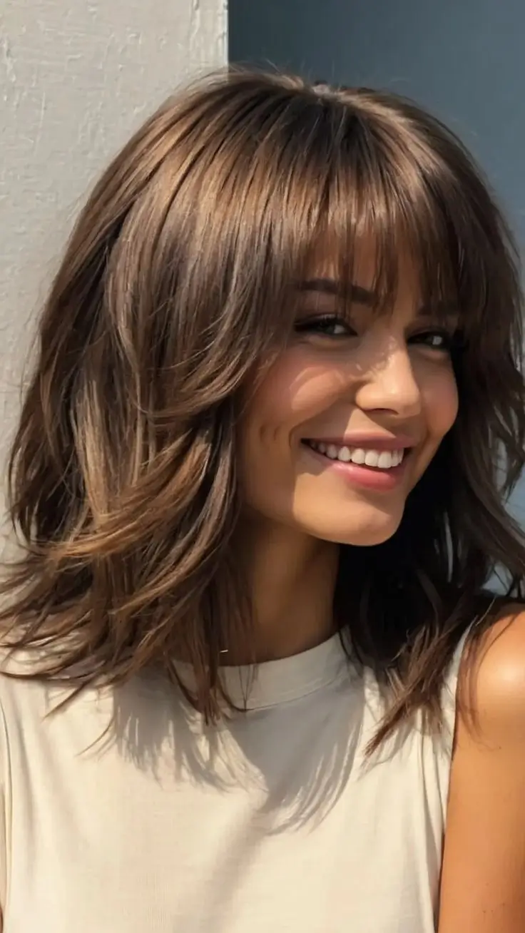16 Coupes de Cheveux Mi-Longs Dégradés avec Frange à Adopter en 2025